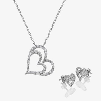 Silver Shimmer Heart Studs And Pendant Jewellery Set
