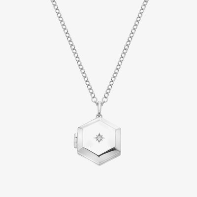 Silver Diamond Set Hexagon Locket Necklace