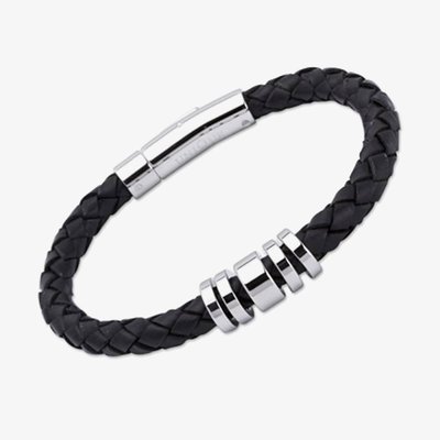 Stainless Steel 5 Ring 21cm Black Leather Bracelet