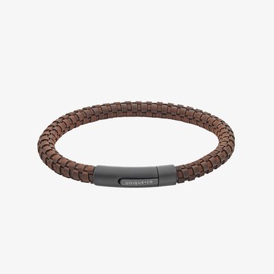 Dark Brown Leather 21cm Black Stainless Steel Clasp Bracelet