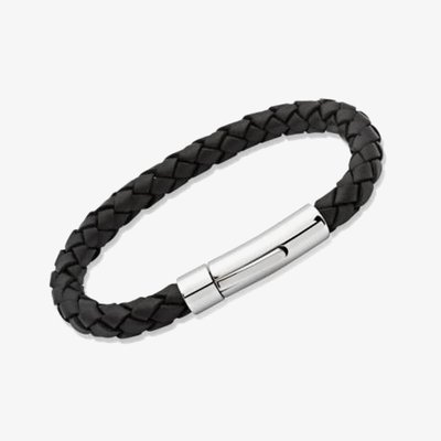 Stainless Steel 23cm Black Leather Bracelet