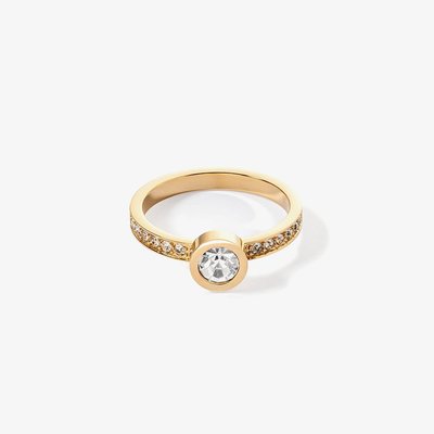 Gold Tone Crystal Shoulder Set Solitaire Ring