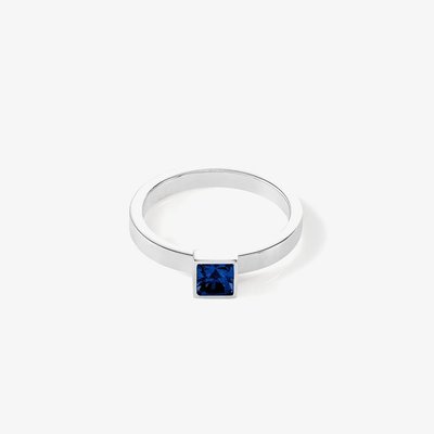 Silver Tone Blue Small Brilliant Square Princess Cut Crystal Solitaire Ring