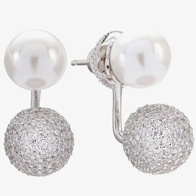 Ladies Rhodium Plated 'Bobbio Due' Cubic Zirconia Pavé Ear Jacket And Pearl Stud Earrings