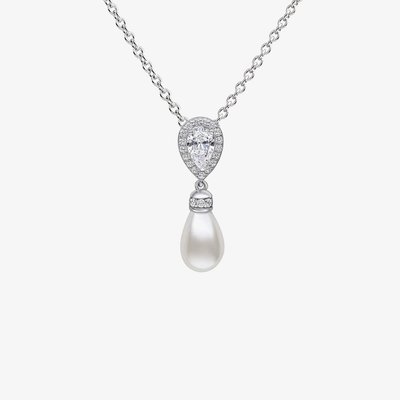 Silver Teardrop Cubic Zirconia & Shell Pearl Pendant Necklace