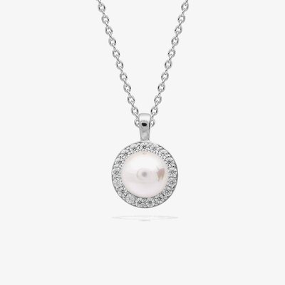 Silver Shell Pearl Cubic Zirconia Halo Pendant Necklace