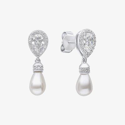 Silver Teardrop Cubic Zirconia Shell Pearl Drop Earrings