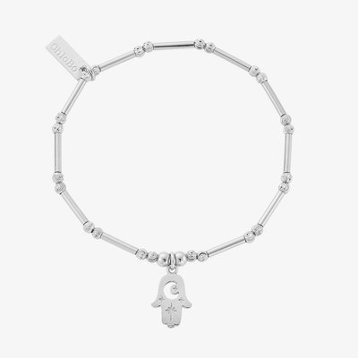 Silver Dainty Moon Cut Sparkle Hamsa Bracelet