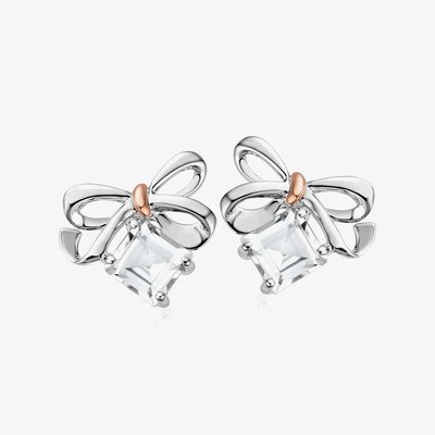 Silver 9ct Rose Gold Cubic Zirconia Christmas Bow Earrings