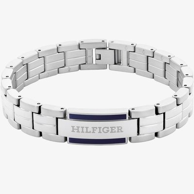 Parker Mens Stainless Steel Blue Enamel Logo Bracelet