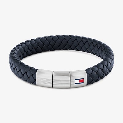 Navy Braided Stainless Steel Clasp Leather Bracelet