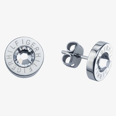 Clear Crystal Round Logo Stud Earrings