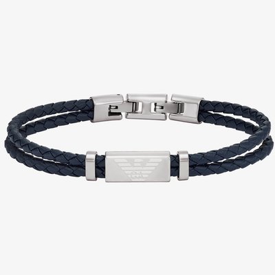 Essentials Stainless-Steel and Blue Leather Two Row Logo ID Bracelet
