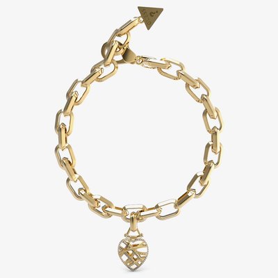 Gold Tone Crystal Heart Cage Charm Bracelet