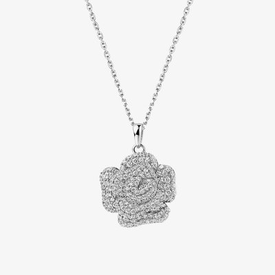 Peony Rhodium Plated Plated Cubic Zirconia Flower Pendant Necklace