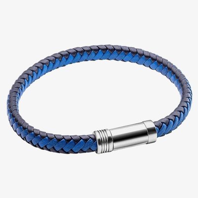 Blue Leather & Stainless Steel Braided Bracelet