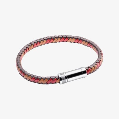 Red & Brown Leather Stainless Steel Braided Bracelet