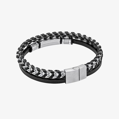 Stainless Steel & Black Leather Braided Double Bracelet