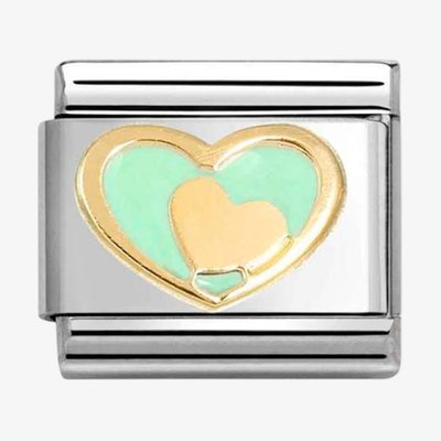 CLASSIC Stainless Steel 18ct Yellow Gold Pastel Green Double Heart Charm