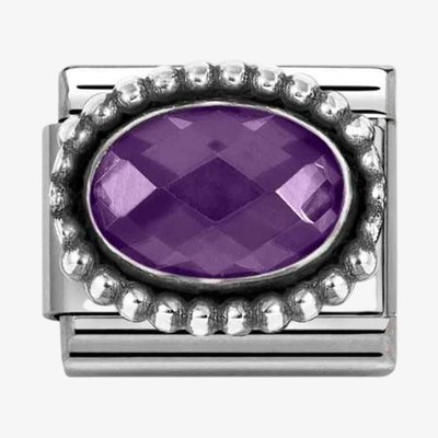 Stainless Steel & Silver Purple Cubic Zirconia Oval Beaded Charm