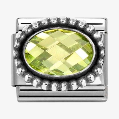 Stainless Steel & Silver Green Cubic Zirconia Oval Beaded Charm