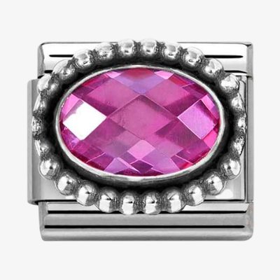 Stainless Steel & Silver Emerald Fuchsia Pink Cubic Zirconia Oval Beaded Charm