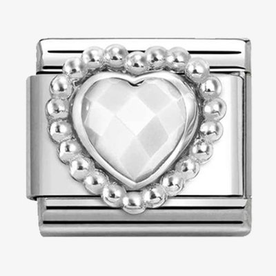 CLASSIC Silvershine White Opal Faceted Heart Beaded Setting Charm
