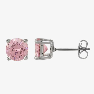 Crislu Silver Round Pink Cubic Zirconia Stud Earrings