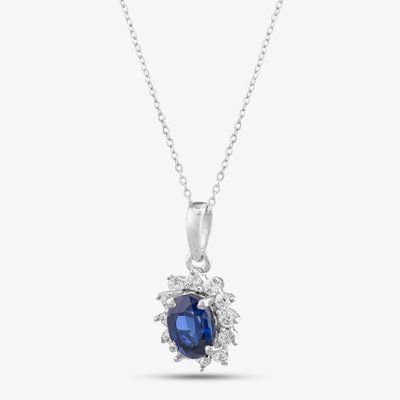9ct White Gold Oval Cut Sapphire & Cubic Zirconia Halo Necklace