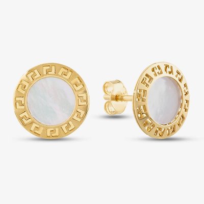 9ct Yellow Gold Mother of Pearl Grecian Key Disc Stud Earrings