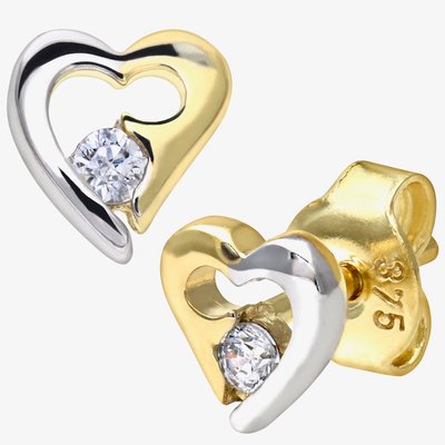 9ct Two-Colour Open Heart Cubic Zirconia Stud Earrings