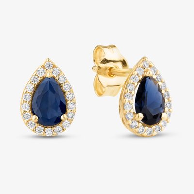 9ct Yellow Gold Pear Cut Blue Cubic Zirconia Halo Stud Earrings