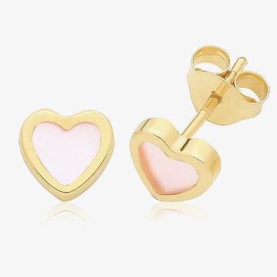 9ct Yellow Gold Pink Mother Of Pearl Heart Stud Earrings