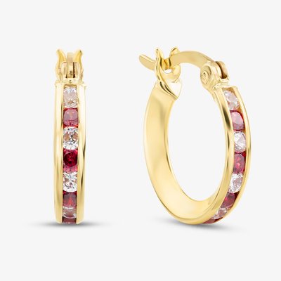 9ct Yellow Gold Red & White Cubic Zirconia 14mm Hoop Creole Earrings