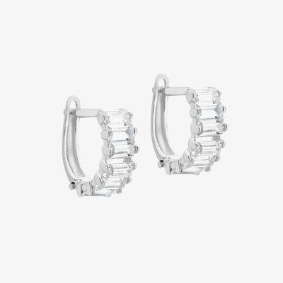9ct White Gold 11mm Baguette Cut Cubic Zirconia Huggie Hoop Earrings