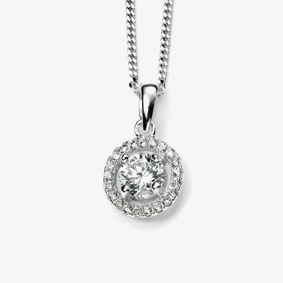 Sterling Silver Cubic Zirconia Halo Circle Pendant Necklace
