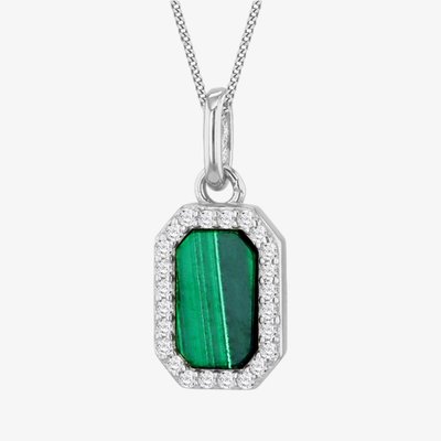 Silver Green Malachite & Cubic Zirconia Hexagon Necklace