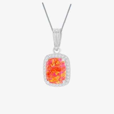 Silver Rectangle Synthetic Orange Opal & White Cubic Zirconia Halo Necklace