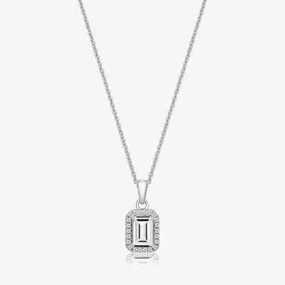 Sterling Silver Emerald Cut Cubic Zirconia Halo Pendant Necklace