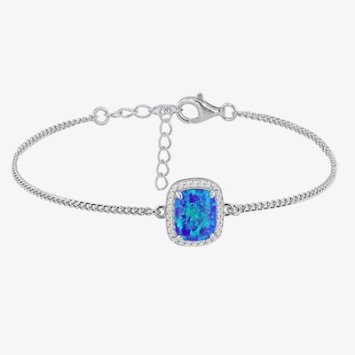 Silver Rectangle Synthetic Blue Opal & White Cubic Zirconia Halo Bracelet