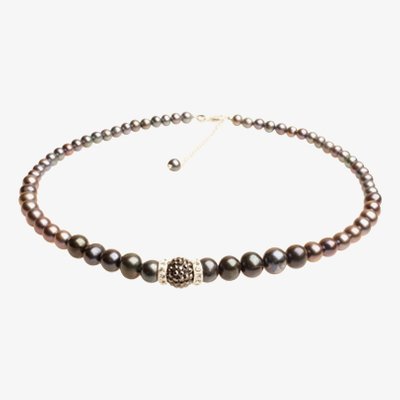 T H Baker Silver Black Simulated Pearl Cubic Zirconia Ball Necklace