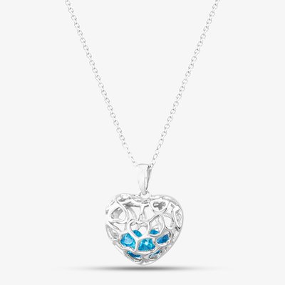 Silver Blue Cubic Zirconia Caged Heart Pendant Necklace