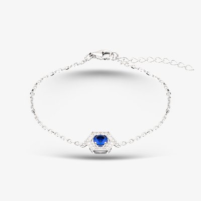 Sterling Silver Rhodium Plated Stone Set Blue Cubic Zircona Hexagon Bracelet