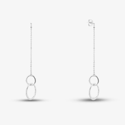Silver Double Circle Chain Dropper Stud Earrings