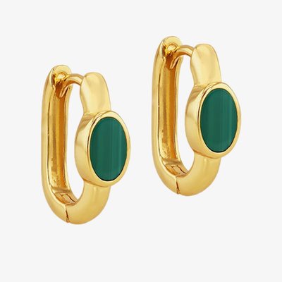 LUXE Silver Gold Plated 14mm Malachite Oval Hoop Earrings