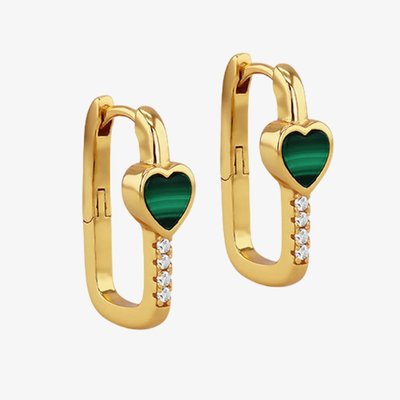 LUXE Silver Gold Plated 18mm Malachite & Cubic Zirconia Heart Rectangle Hoop Earrings