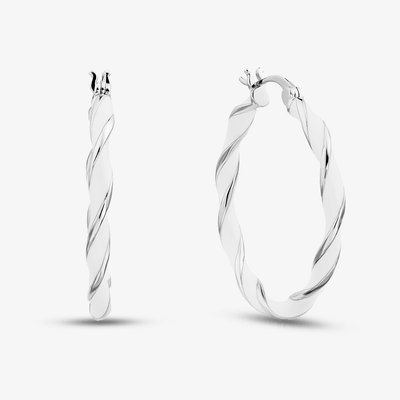 Sterling Silver Rhodium Plated 31mm White Enamel Twister Hoop Earrings