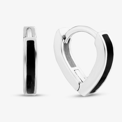 Sterling Silver Rhodium Plated Black Enamel V Shape Huggie Hoop Earrings