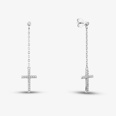 Sterling Silver Rhodium Plated Cubic Zirconia Cross Drop Earrings