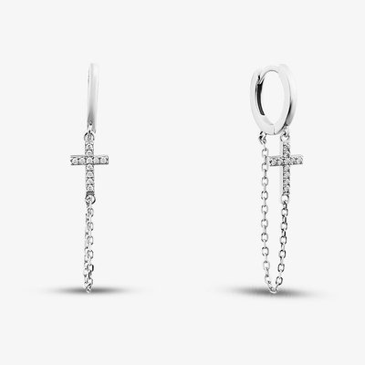 Sterling Silver Rhodium Plated Cubic Zirconia Chained Cross Creole Earrings